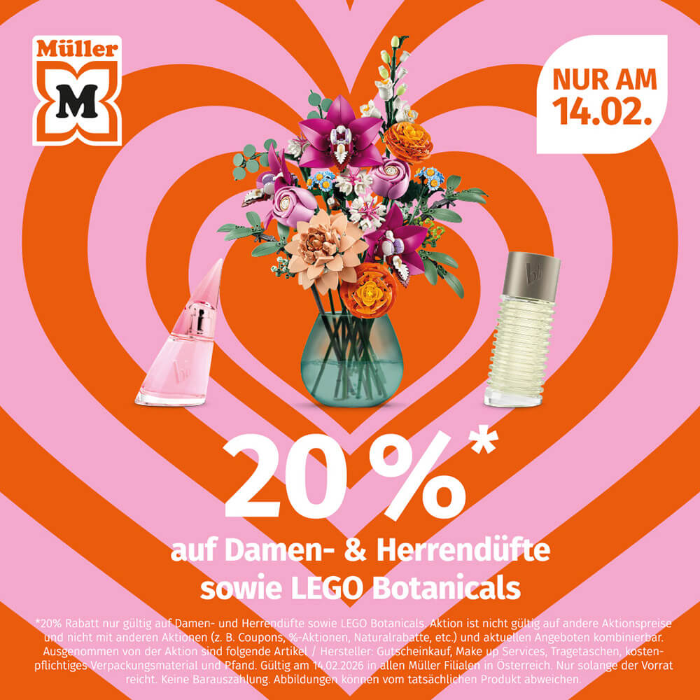 Müller: Nur am Valentinstag 20% auf Düfte & LEGO Botanicals im Auhof Center