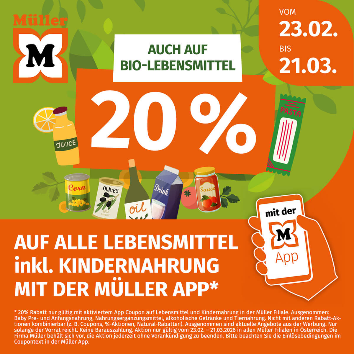 Müller: 20% auf Lebensmittel mit App Coupon im Auhof Center